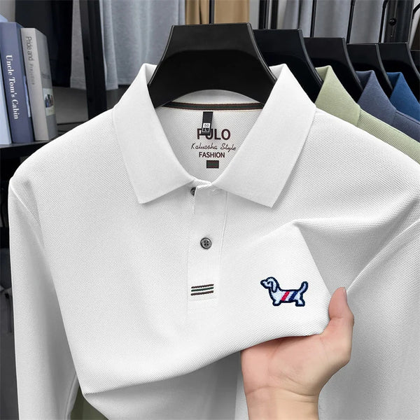 100% Cotton Men Long-Sleeve Polo Shirt Lapel Button Dog Embroidery Breathable Comfortable Autumn Winter Business Casual Menswear