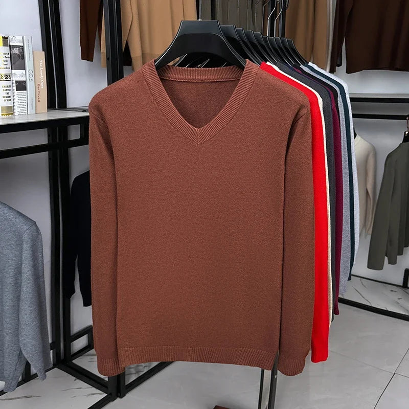 Classic V Neck Knitted Top Men Long Sleeve Smooth Knit Rib Trim Suitable For Layering Everyday Casual Look