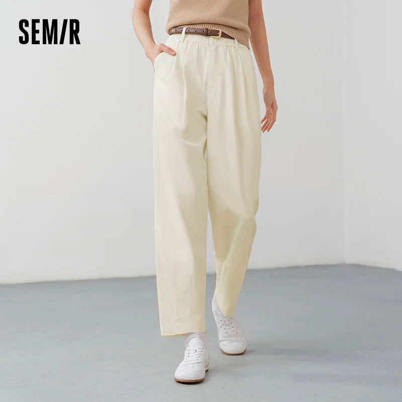 Semir Women Pants Solid 2026 Elastic Waist Pleated Loose Fit Tapered Urban Casual Everyday Style Soft Comfortable Daily Wear