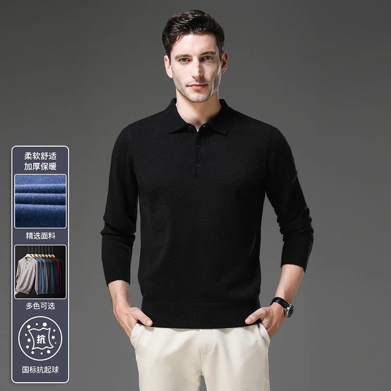 Men's Lapel Solid Color Woolen Sweater, Autumn & Winter New Stretch Top, Daily Leisure Pullover Knitwear, Business POLO