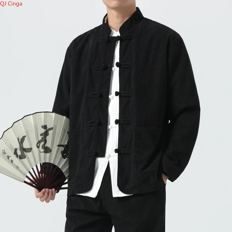 2026 Men's 2-Piece Set in Black Corduroy Fabric, Featuring A Chinese-inspired Single-breasted Stand-up Collar Jacket with Pants.