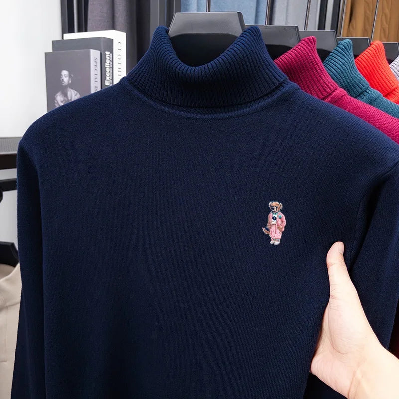 Comfort Man High Neck Long-Sleeved Knitwear Bear Embroidery Pullover Fashionable Daily Wear for Men Autumn Winter Versatile Men'