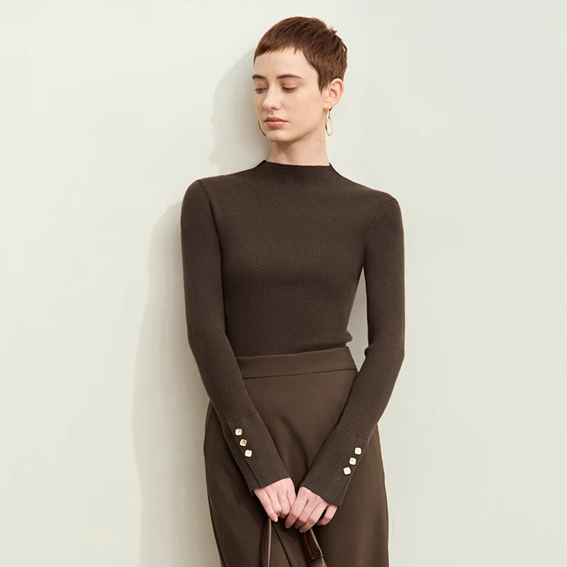Amii Women's 2026 Autumn Slim Fit Knit Sweater Mock Neck Slit Cuffs Metal Buckle Detail Vintage Style Bottoming Top 12443252