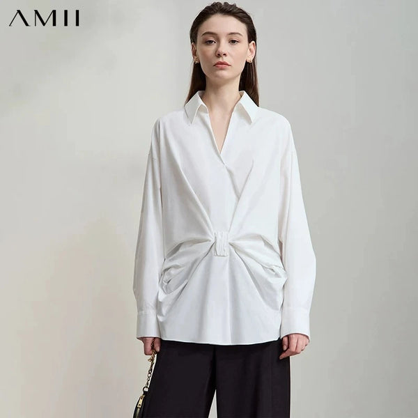 អាវស្រី AMII រដូវស្លឹកឈើជ្រុះឆ្នាំ ២០២៦ អាវដៃវែងឆើតឆាយថ្មី សម្លៀកបំពាក់ស្ត្រី សម្លៀកបំពាក់ធម្មតា ក V រាងផ្នត់ អាវនារី ១២៥៥៣០៤១