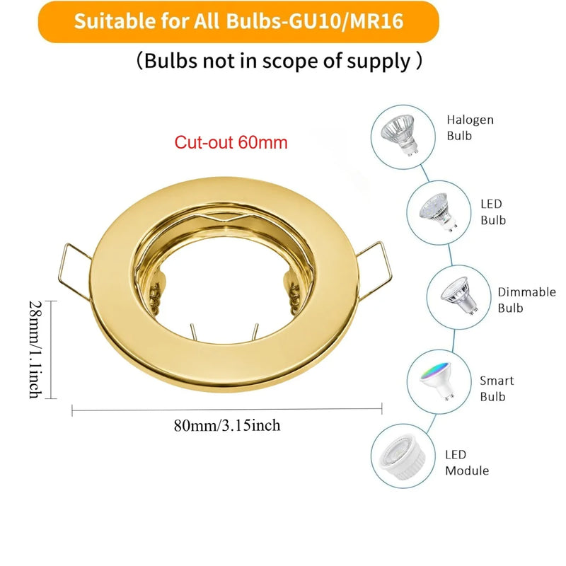 ស៊ុមភ្លើងបំភ្លឺ JOYINLED ពណ៌មាស GU10 MR16 1/10 ដុំ សម្រាប់ដាក់ភ្លើងពិដាន រាងជារង្វង់ កាត់ចេញទំហំ 60mm