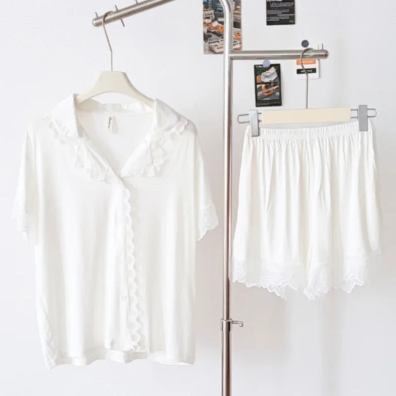Lapel Short-Sleeved Home Suit for Nightwear Solid Color Loungewear Set Modal Summer Two Piece Pyjama Set Loose Homewear Suit