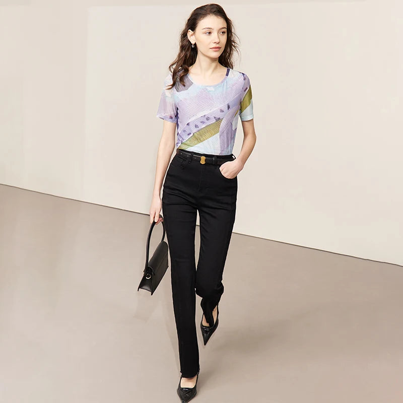 Amii Women's T-Shirt 2026 Summer New Round Neck Artistic Print Breathable Mesh Tee Casual Short Sleeve Top For Women 12612043
