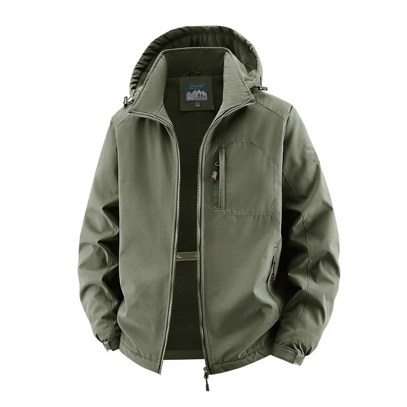 Men's Detachable Hood Jacket, Windproof Waterproof Outdoor Coat, Fleece-Lined Option, Army Green Khaki Navy Black