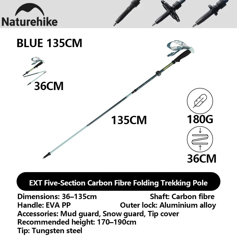 Naturehike 2025 Light Trail 5-EXT Five-Section Carbon Fibre Folding Trekking Pole Portable Storage Multi-Scene Support Pole