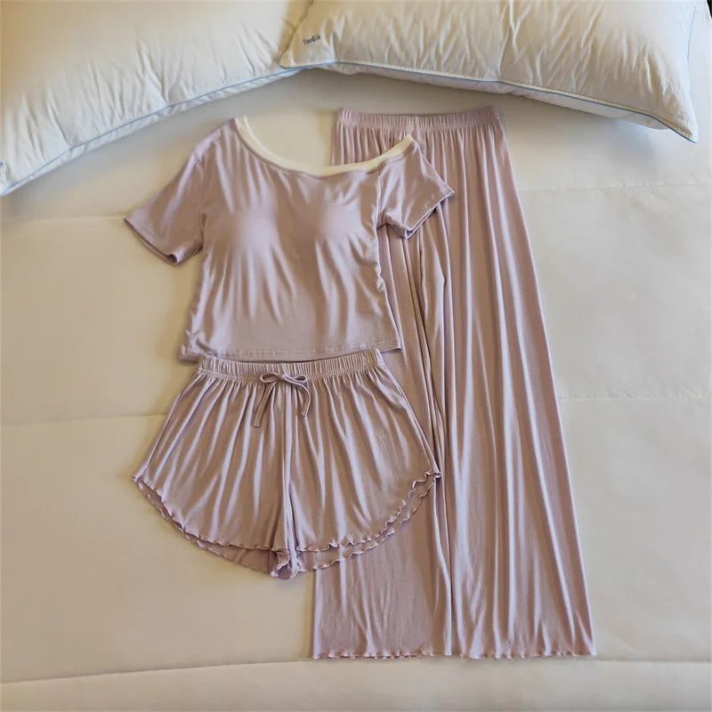 Pijamas Mujer Comfort Modal Short Sleeve Chest Pad Top Three Pieces Set Elegant Sleepwear Home Clothes Women's Pajamas Suit