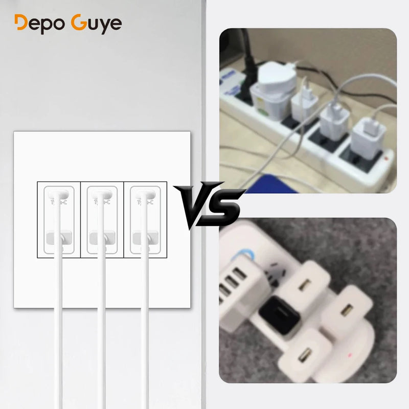 EU RU UK Standard USB Type C Port Power Wall Socket,Universal usb type c 220V Electrical Socket,White Power Outlet with 2holes