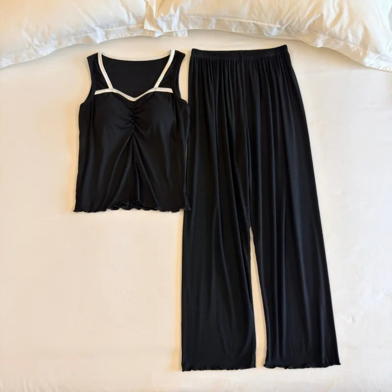 Sleeveless Nightwear Women Pajama Women's Home Clothes Chest Pad Homewear 2 Pieces Sleepwear for Summer Suit Long Pants Pijama