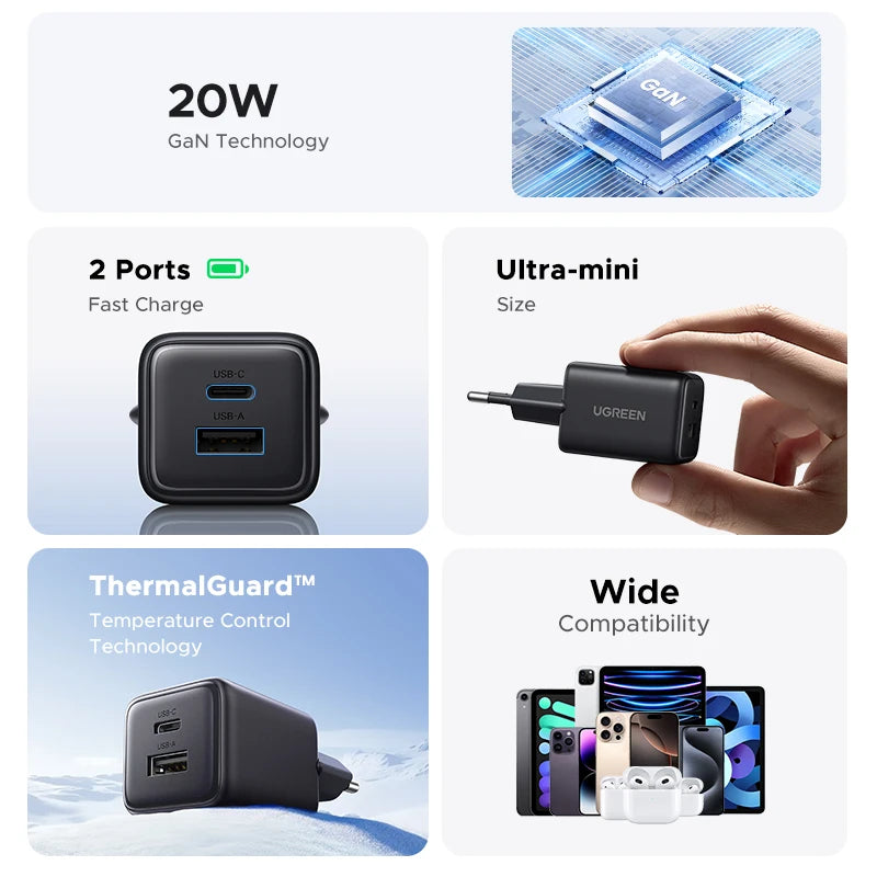UGREEN 20W GaN Charger PD3.0 QC3.0 Mini USB C Phone Charger For iPhone 18 17 16 Pro Max Samsung S26 Xiaomi Tablet iPad Air Pro