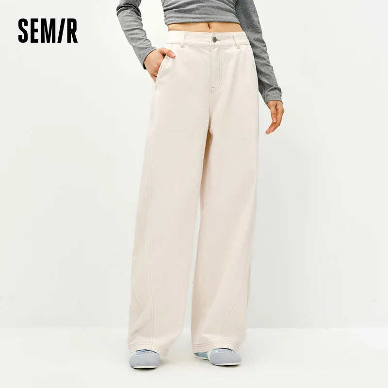 Semir White Jeans Women 2026 Spring Split Curved Blade Relaxed Fit Slimming Trendy Floor Length Casual Trousers