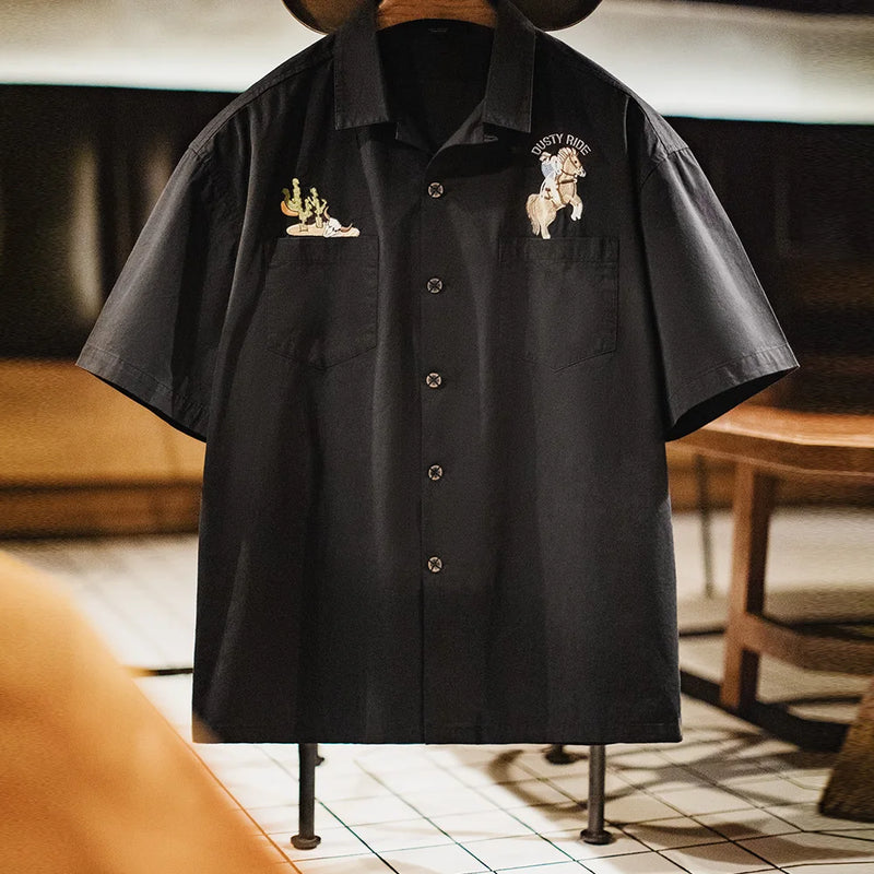 Maden Men Retro Cuban Collar Shirt Black Cotton Short Sleeve Embroidery Blouse Single-Breasted Hawaiian Aloha Shirt for Summe