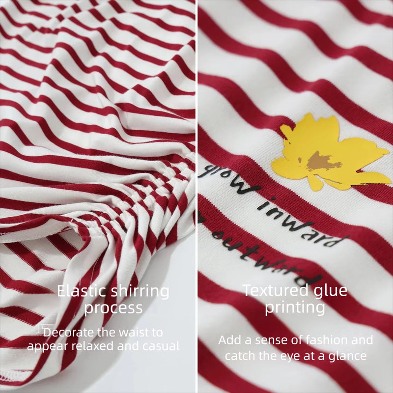 Amii Women's T-Shirt 2026 Summer New Round Neck Short Sleeve Versatile Tee Casual Color Block Stripe Printed Top Women 12622201