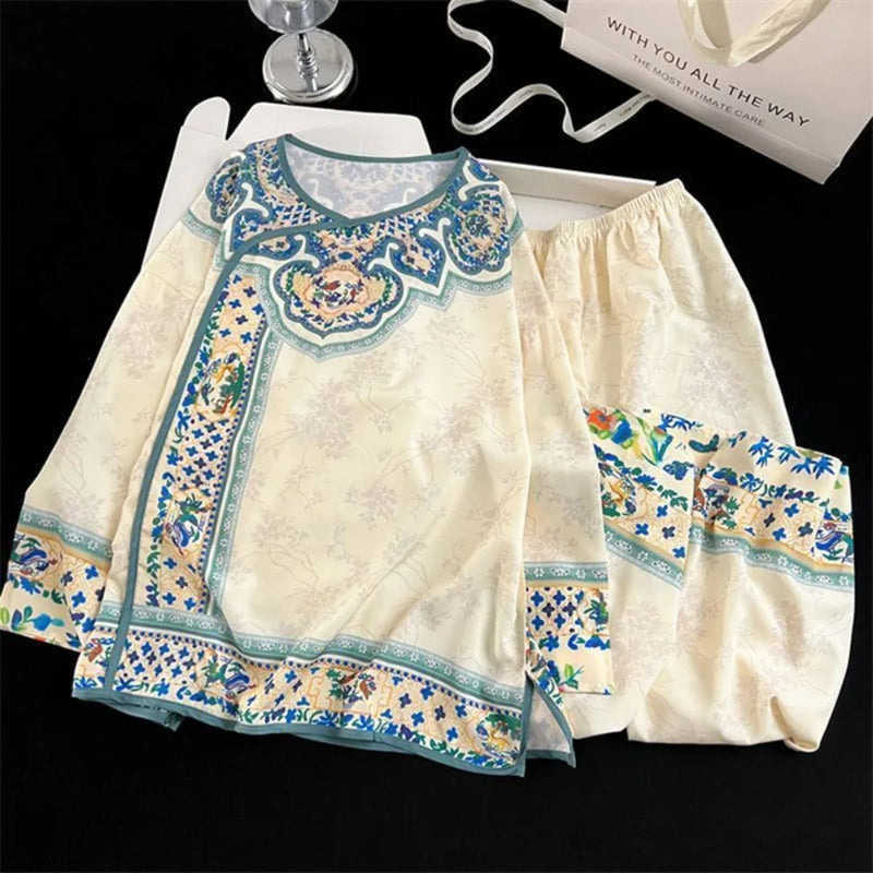 Ice Silk Women's Pajamas Set Sleepwear Spring Autumn Two-Piece Ladies Set Pijama Long Sleeve Home Suit for Women Night Clothes