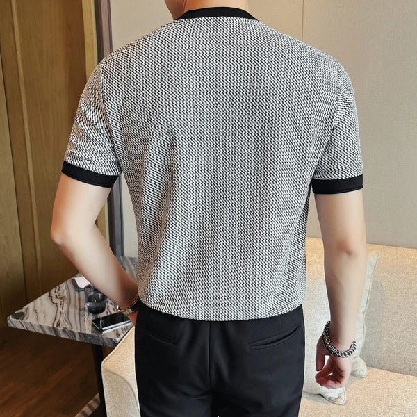 Men's Slim Fit Knitted T-Shirt Short Sleeve O-Neck Contrast Color Striped Stretchy Summer Casual Top Fashion Light Luxury Tee