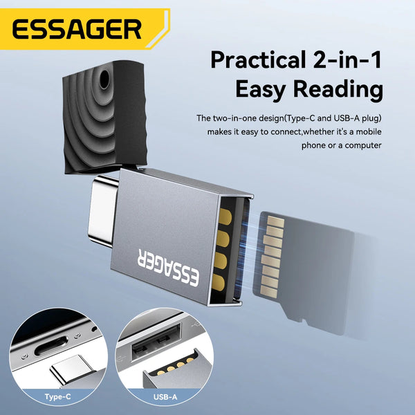 ឧបករណ៍អានកាត Essager 2 ក្នុង 1 ប្រភេទ C និង USB2.0 ទៅឧបករណ៍កាតមេម៉ូរី Micro SD/TF ឧបករណ៍អានកាតល្បឿនលឿនសម្រាប់ទូរស័ព្ទកុំព្យូទ័រយួរដៃគ្រឿងបន្លាស់