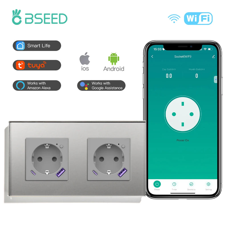 BSEED EU Standard Wifi Smart Socket With 20W USB Type-C Port Power Monitor Timing Function Tuya Alexa Smart Home Control 16A