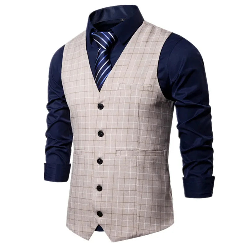 2026 Men's Blue Plaid Sleeveless Vest, Single Breasted V-Neck Suit Vests,Wedding/Party/Business/Office Waistcoat, Europe Size