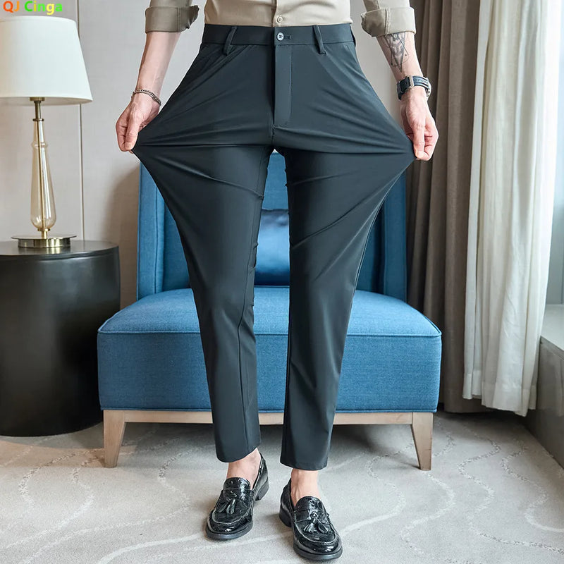 New Summer Men's Khaki Dress Pants and Black Business-casual Stretch Trousers, Available in Asian Sizes in Blue Gray Slacks.