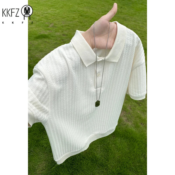 Mens Oversized Polo Short Sleeve Top Vertical Rib Jacquard Texture Lapel Collar For Casual Commute Leisure Daily Wear