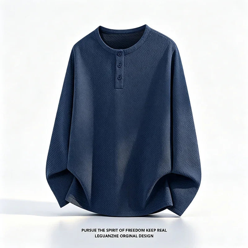 Mens Button Notch Henley Pullover Long Sleeve Waffle Knit Fabric Loose Fit For Daily And Casual Occasions