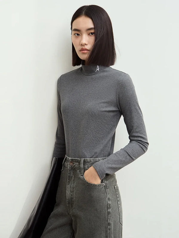 AMII Minimalism Women's Turtleneck T-shirts Embroidered Fleece Warm 2026 Winter Long Sleeve Slim Commuter Knitted Tops 12424114