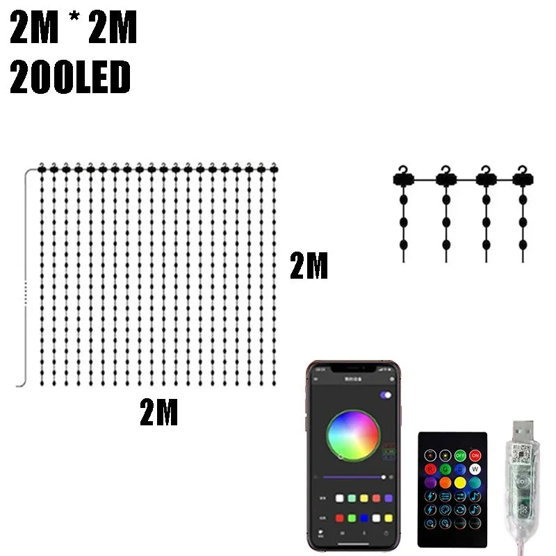 ភ្លើងវាំងនន LED ភ្លើងខ្សែ USB ធ្វើសមកាលកម្មតន្ត្រី RGB ភ្លើងទេពអប្សរការពារទឹកជ្រាប 2M * 2M ចង្កៀងបរិយាកាសថ្ងៃឈប់សម្រាកសម្រាប់បន្ទប់គេងបុណ្យណូអែល