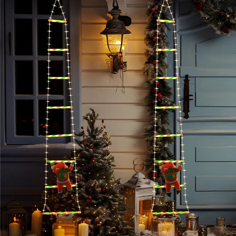 LED Christmas Decor Lights Ladder Light String with Santa Climbing Claus Xmas Hanging Ornaments for Party with 8 Lighting Modes