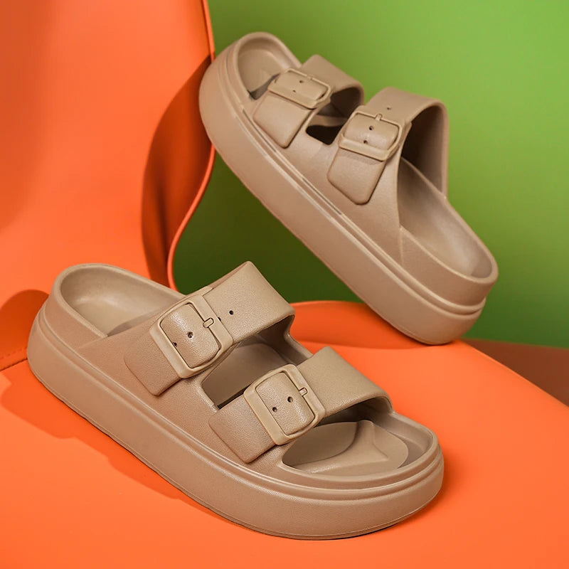 Pure White Womens Slippers Double Buckle Slide Sandals Thick Soles Height Increase 4.5cm Summer Flat Rubber Slides Soft Comfort
