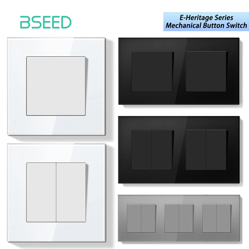 BSEED E Series Mechanical Button Switch 1/2Gang 1Way Double Light Switch Triple Toggle Switch Glass Panel Switch On Off 250V