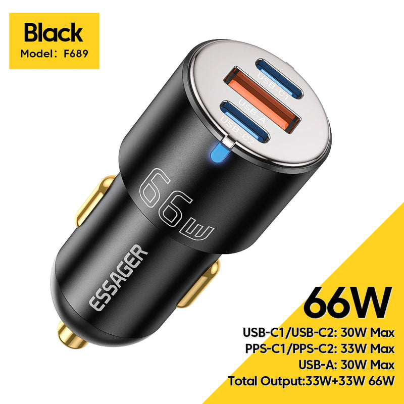 Essager 66W Car Charger Fast Charging Quick Charger QC PD 3.0 For iPhone 14 Type C USB Car Charger For Huawei Samsung