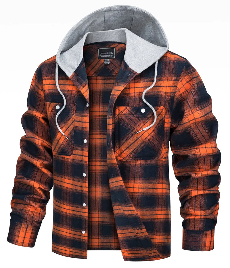 TACVASEN Men's Flannel Long Sleeve Hoodie Plaid Shirts Lightweight Cotton Button Down Casual Shirts with Pocket 2026 New Fashion