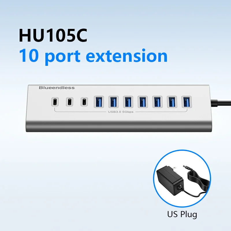 មជ្ឈមណ្ឌល USB3.0 ឥតខ្សែ 7 ច្រក 10 ច្រក USB C Hub 10 ក្នុង 1 អាលុយមីញ៉ូម Splitter Split Switch Adapter អាដាប់ទ័រថាមពល 12V សម្រាប់កុំព្យូទ័រ Macbook