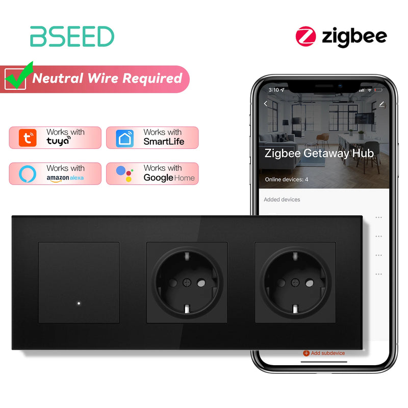 BSEED 1/2/3Gang 2Way Zigbee Light Switch With EU Wall Socket Smart Click Button Switch Glass Panel Tuya Smart Life Alexa Control