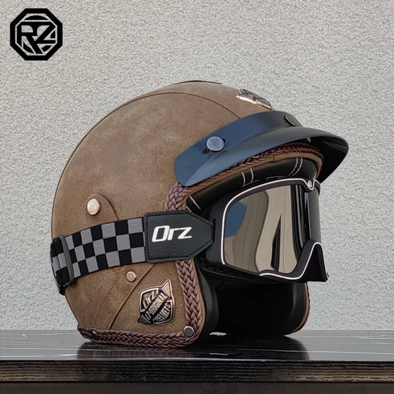 【ORZ】Retro Leather 3/4 Open Face Motorcycle Helmet, PU Leather Shell Cafe Racer Scooter Motorbike Half Helmet for Men Women