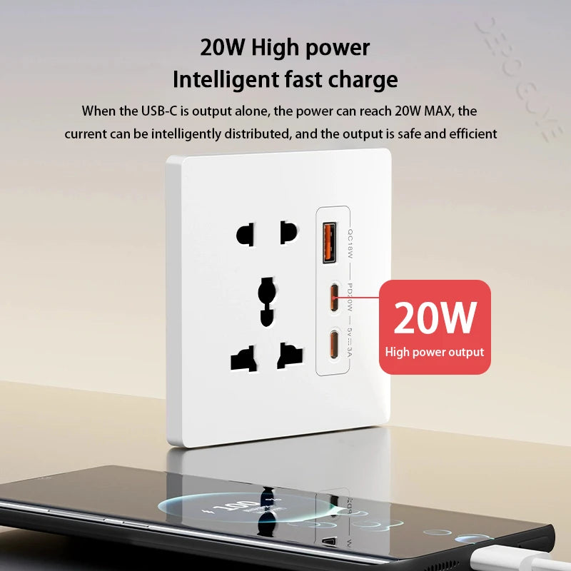 Universal 5Pin Socket With 20W Fast Charging Double Type-C Port,UK Wall  Electrical USB Plastic Power Plug Outlet AC 110V-250V