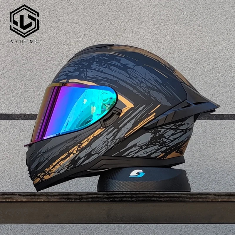 Original LVS Bright Black Helmet Motorcycle Full Face Motorcycle Helmet Riding Big Spoiler Unisex Helmet Casque DOT Approved
