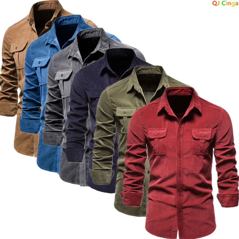 2027 New Men's Long-Sleeve Corduroy Shirt, Single-breasted Lapel, with Two Chest Pockets. Available in Gray, Blue, Green, Brown.