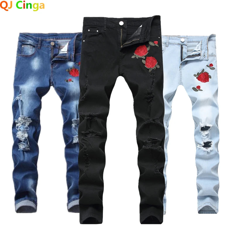 Men's Red Rose Embroidered Jeans, Black Blue Stretch Pants for Men White Fashion Pantalon Hole Decoration Male Slacks 28-42