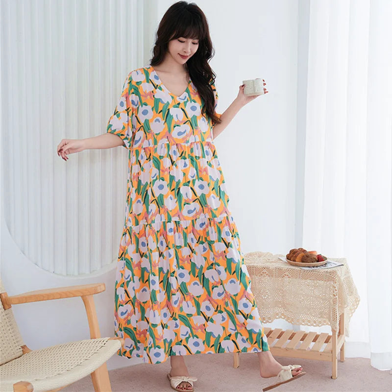 Loose Ladies Nightgowns Causal Night Wears For Women Nightshirt Short Sleeve Printed Nightdress Oversized Cotton Sleep Dress
