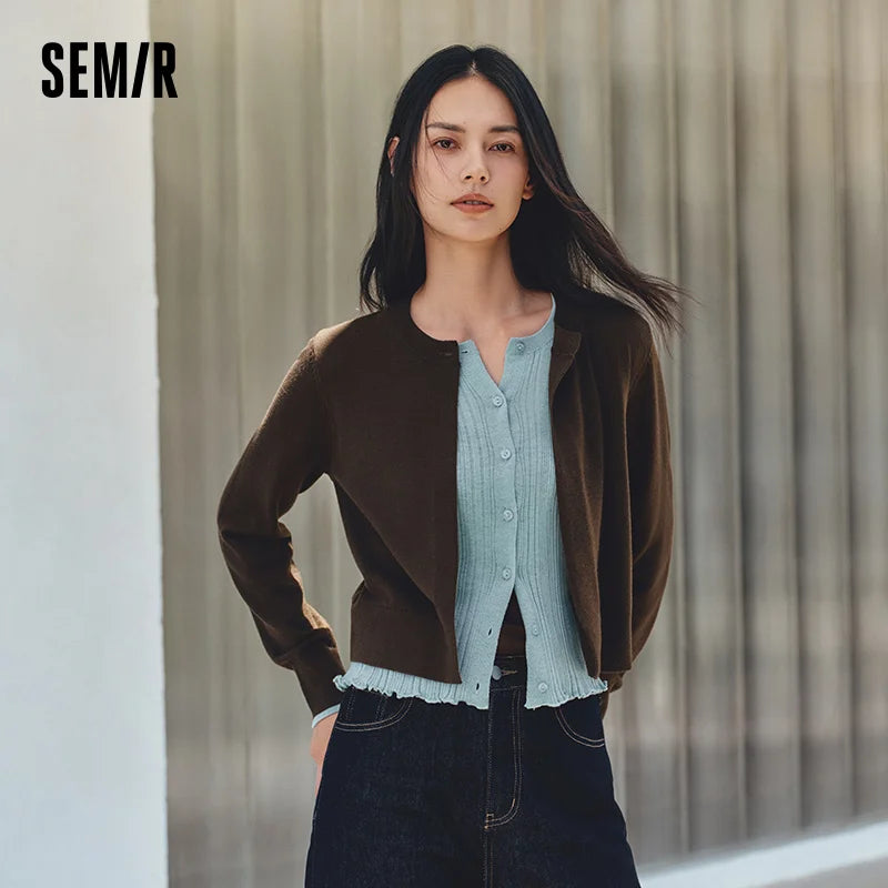 Semir Women Cardigan Short Contrast Patchwork Faux Two Piece Ruffle Trim Soft Casual Autumn Knitwear Daily Wear 2026