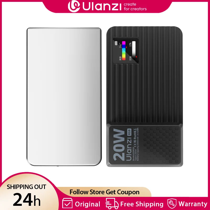 ភ្លើងវីដេអូ Ulanzi K20 RGB 20W សម្រាប់ថតរូប ភ្លើង LED CCT 1800-9000K 3200Lux 3300mAh ភ្លើងបន្ទះ ភ្លើងពេញសម្រាប់ Vlog ម៉ោនជើងកាមេរ៉ា