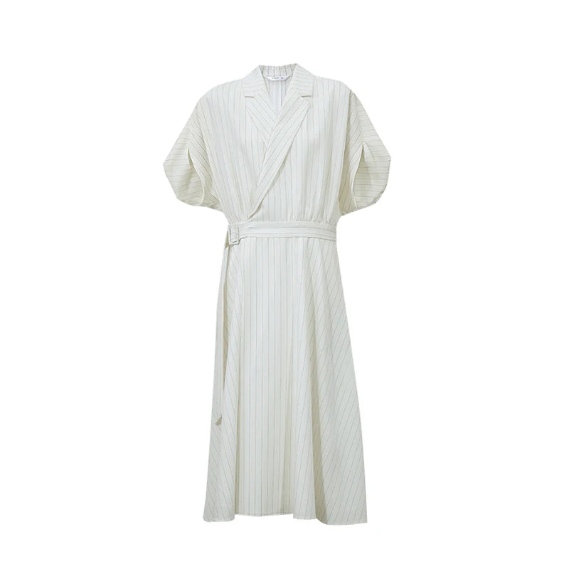 Amii Striped Women's Dress 2026 Summer New Lapel Dolman Short Sleeve Waist Belt Office Casual Long Dress For Women 12652056
