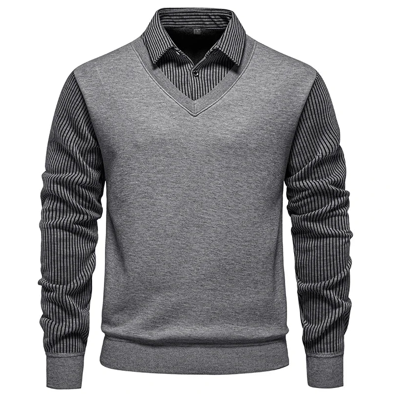 Daily Casual Male Knitted Pullover Fake Two Piece Waistcoat Fleece Lined Vertical Stripe Shirt Collar Slim Long Sleeve Garment