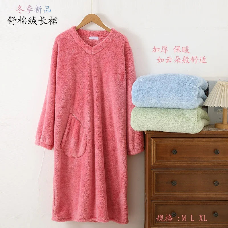 Autumn Winter Loose Coral Fleece Nightgowns Female Dressing Gowns Thick Flannel Women's Long Dress Sleeping Warm Home Clothes