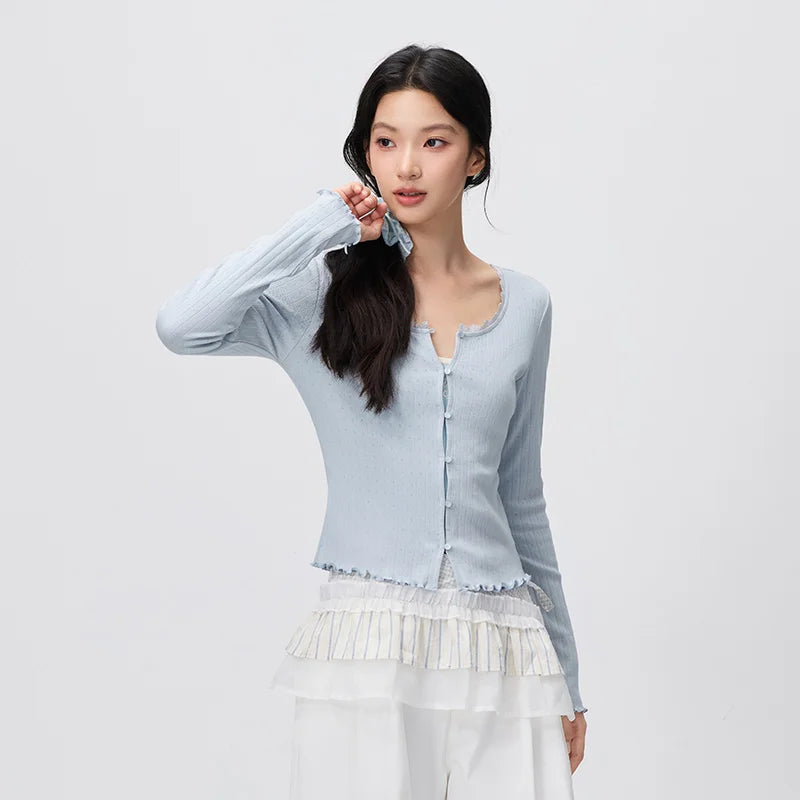 Semir Women Tshirt Long Sleeve Short Cotton Slim Ruffle Lace Trim U Neck Soft Casual Autumn Top Daily Wear 2026
