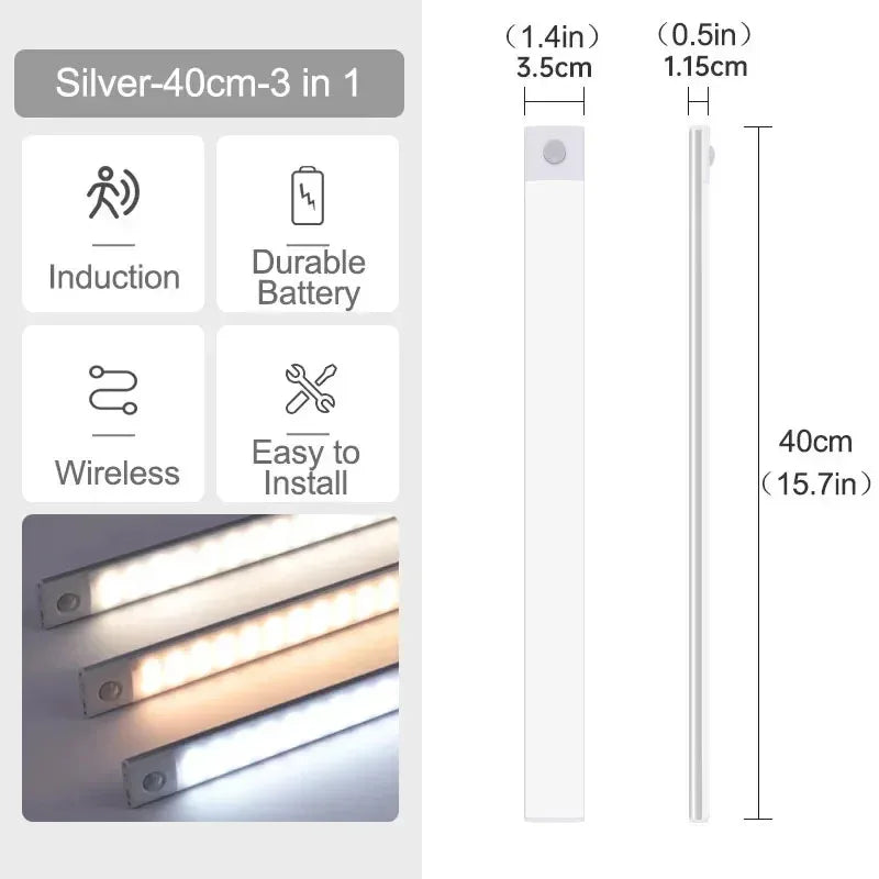 ភ្លើងក្រោមទូ LED ឧបករណ៍ចាប់សញ្ញាចលនា ភ្លើងពេលយប់ ចង្កៀងស្តើងអាចសាកបាន អាចបន្ថយពន្លឺបាន ចង្កៀងទូផ្ទះបាយ បន្ទប់គេង ភ្លើងបំភ្លឺទូខោអាវ